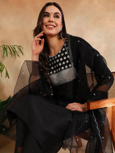 Women Black Poly Silk Yoke Design Kurta Trousers With Dupatta